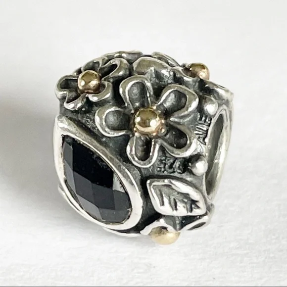 Pandora Dew Drops on Flowers Diamond Charm w/14k Details, Onyx & Diamonds - Picture 7 of 16